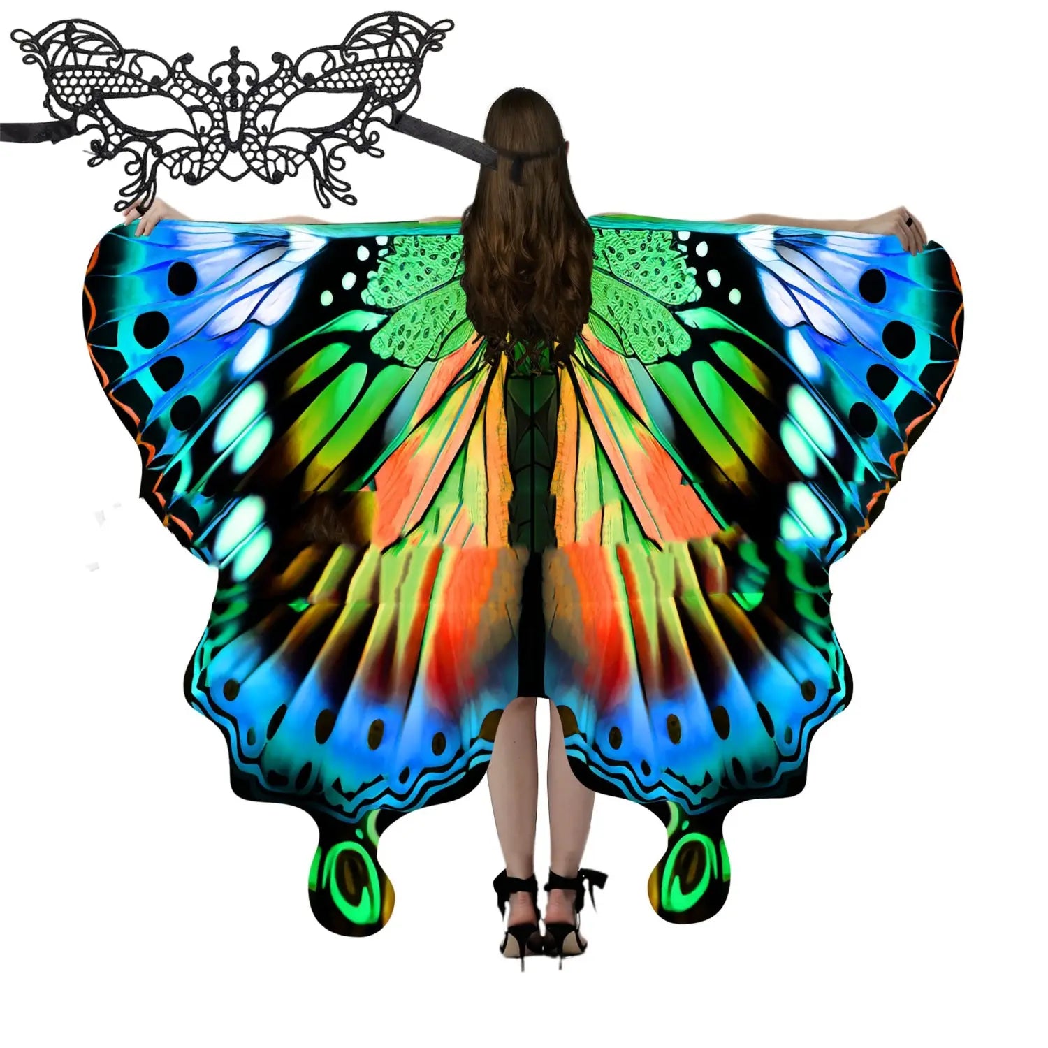 Iridescent butterfly talma halloween costume featuring a vibrant butterfly wing cape with intricate blue green and orange patterns for a striking american butterfly talma look.