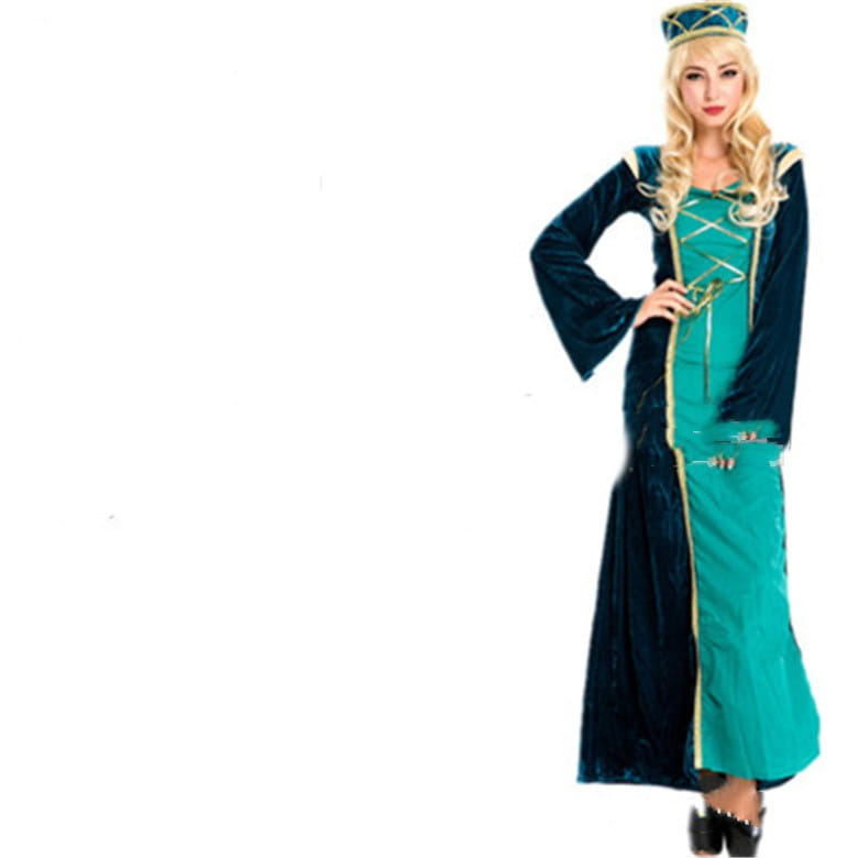 Teal and dark blue velvet medieval-style halloween cos ball queen dress with gold trim and a long cape-like outer garment over a fitted bodice evening gown.