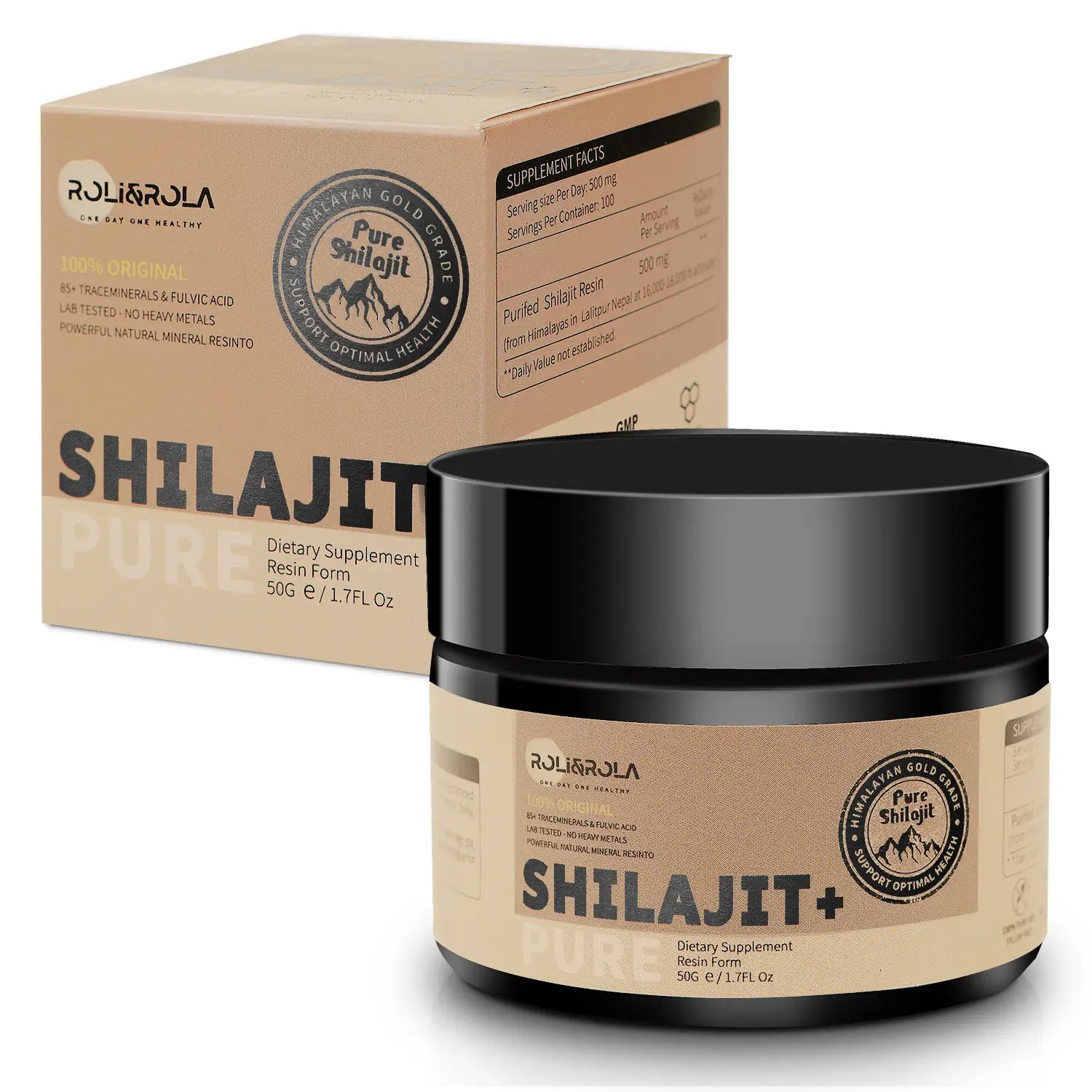 Black lid and beige label on a glass jar of shilajit resin 50g dietary supplement rolirola resin 50g.