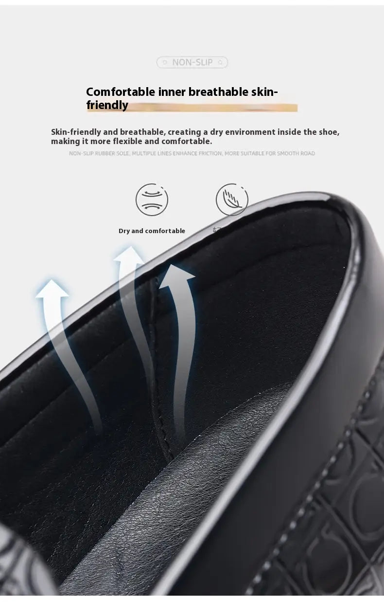 black patent horsebit platform retro casual shoes showing black leather interior with breathable skin-friendly lining and textured patterned sole