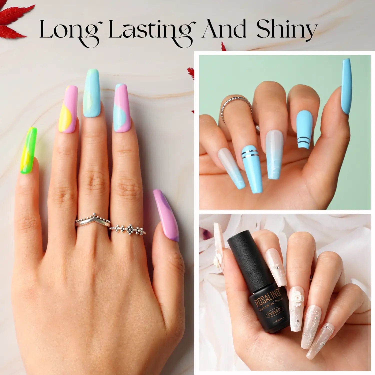 pastel-colored long coffin-shaped fake nails with gradient and striped designs displayed as part of a 38 piece gel polish set featuring 35 colors and a glossy finish for professional gel polish use