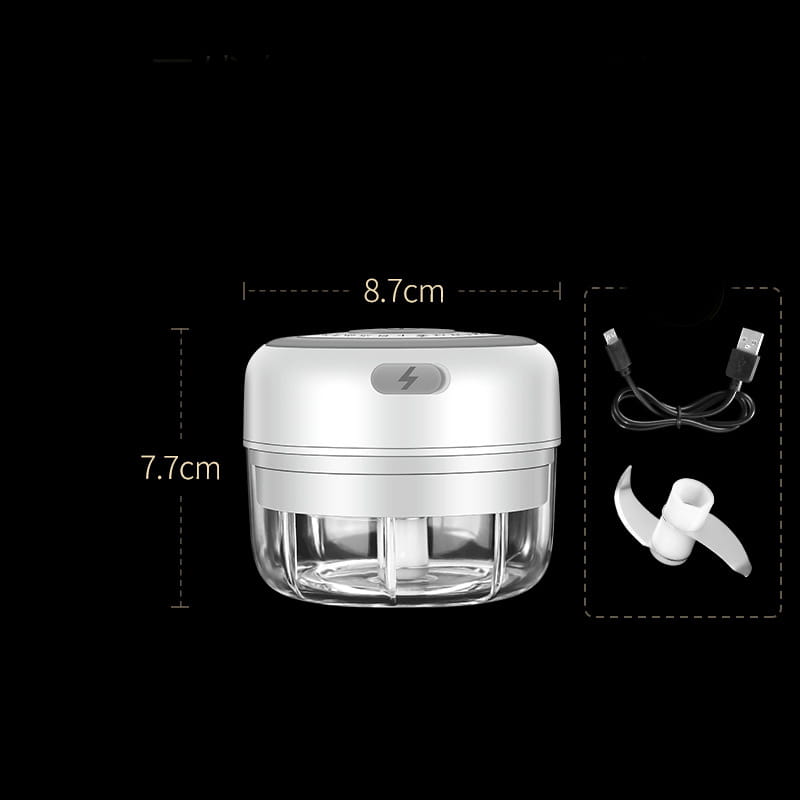 Compact white and transparent wireless mini baby electric food chopper with a sleek modern design for baby food supplement preparation.