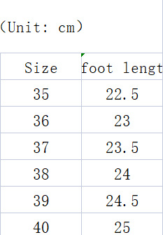 Size chart for gold embellished wedge sandals peep toe listing sizes 35 to 40 with corresponding foot lengths in centimeters.