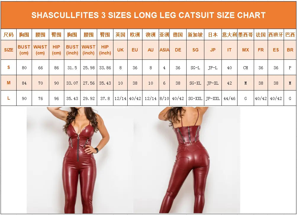 A glossy deep red latex shascullfites melody burgundy catsuit featuring a front zipper and corset-style back detailing.