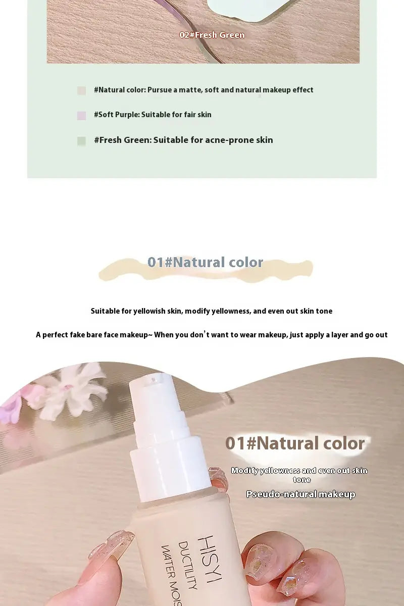 a sleek matte-finish spray bottle with a white pump and minimalist branding for hisyi silky clear makeup primer in a natural color foundation from the silky clear makeup primer three color set