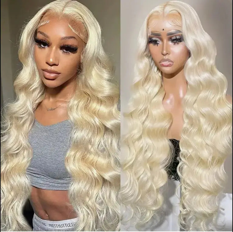 30 inch hd 13x4 human hair wig featuring a blonde lace front with voluminous body wave curls, designed for a natural look.