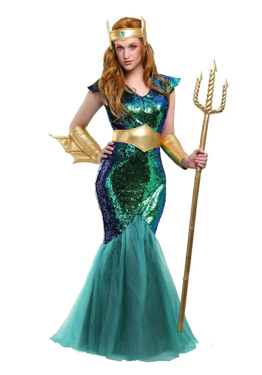 Poseidon queen king god of war costume featuring a shimmering teal and green sequined mermaid design with gold crown, belt, arm cuffs, and trident prop.
