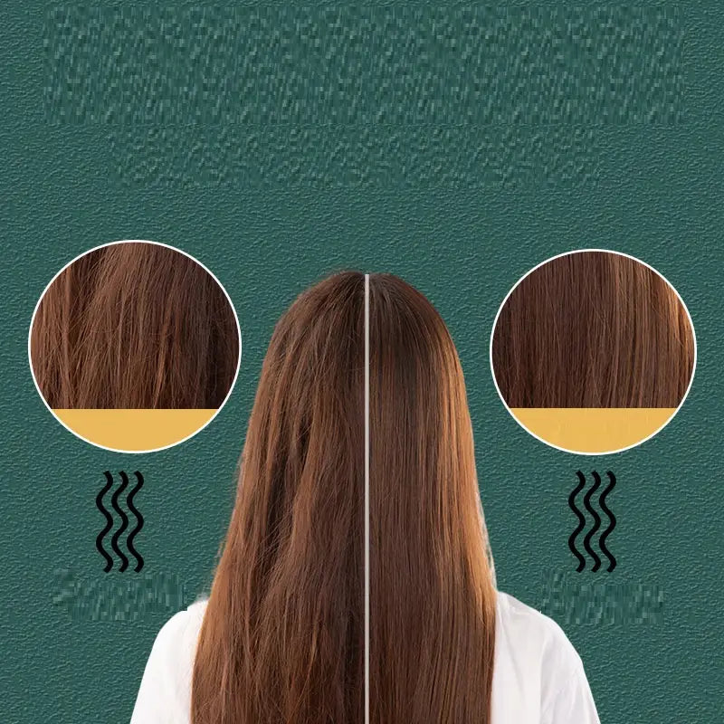 Mint green anion hair care electric straightener comb styling straight glossy auburn hair with smooth texture and subtle highlights.