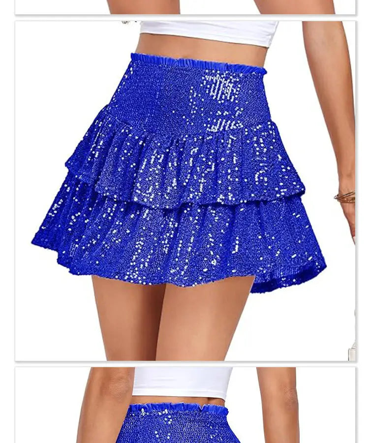 Vibrant royal blue sequin dance skirt mini length with three tiered ruffles for performance sequin use.