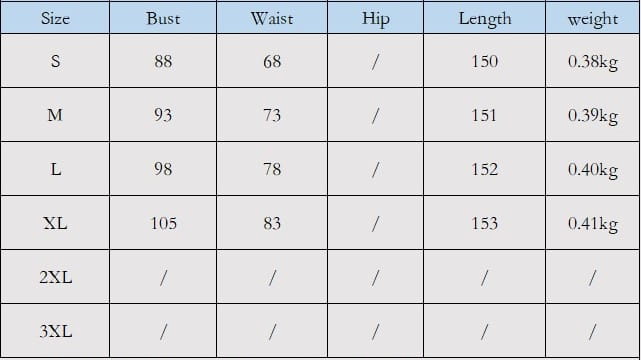 the table displays size measurements for the white satin gown with feathers sweeping the floor, highlighting bust, waist, hip, length, and weight for sizes s through 3xl in luxury women’s fashion plus size dresses.