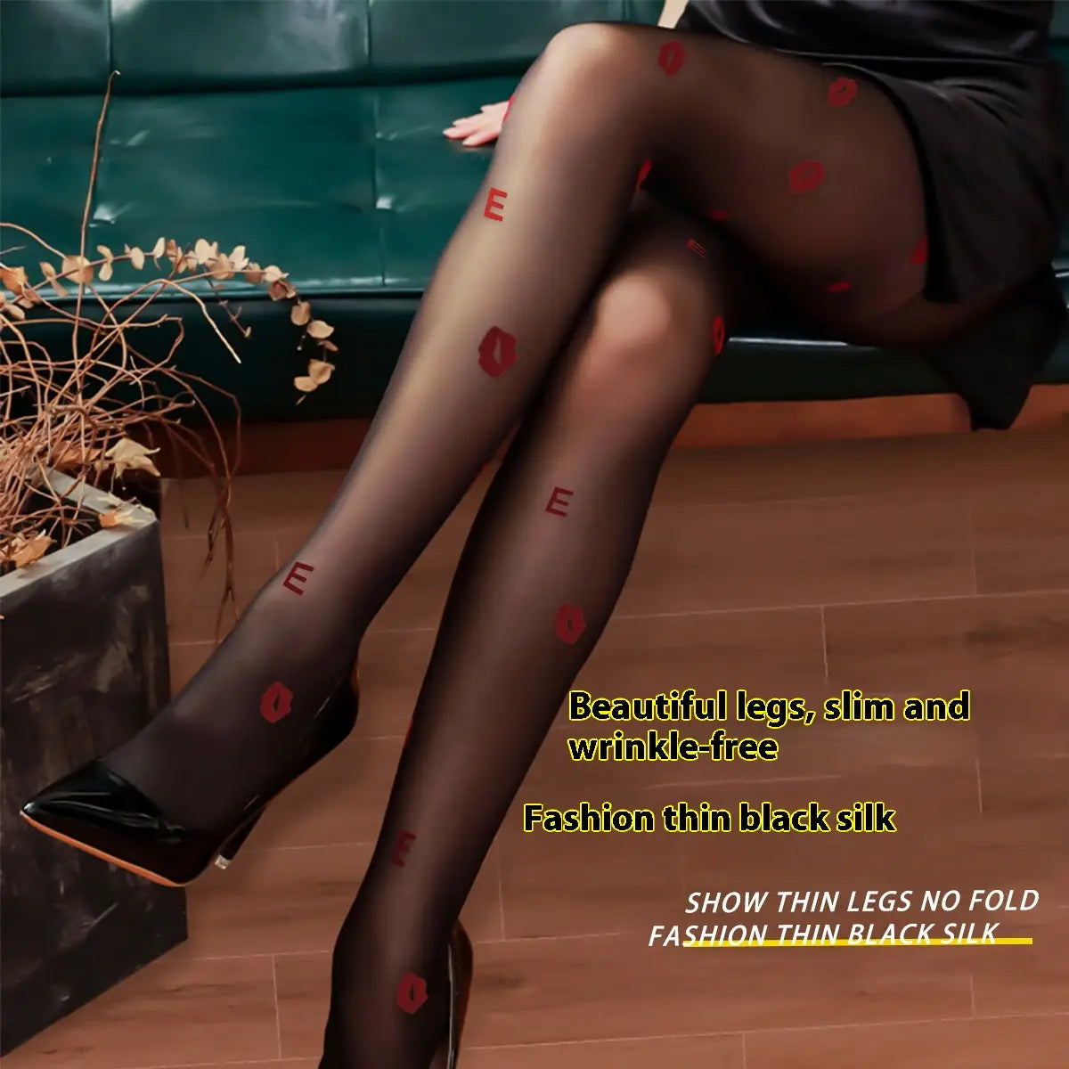 black sheer snagging resistant sock leggings featuring red lipstick and letter e patterns for enhanced durability and style