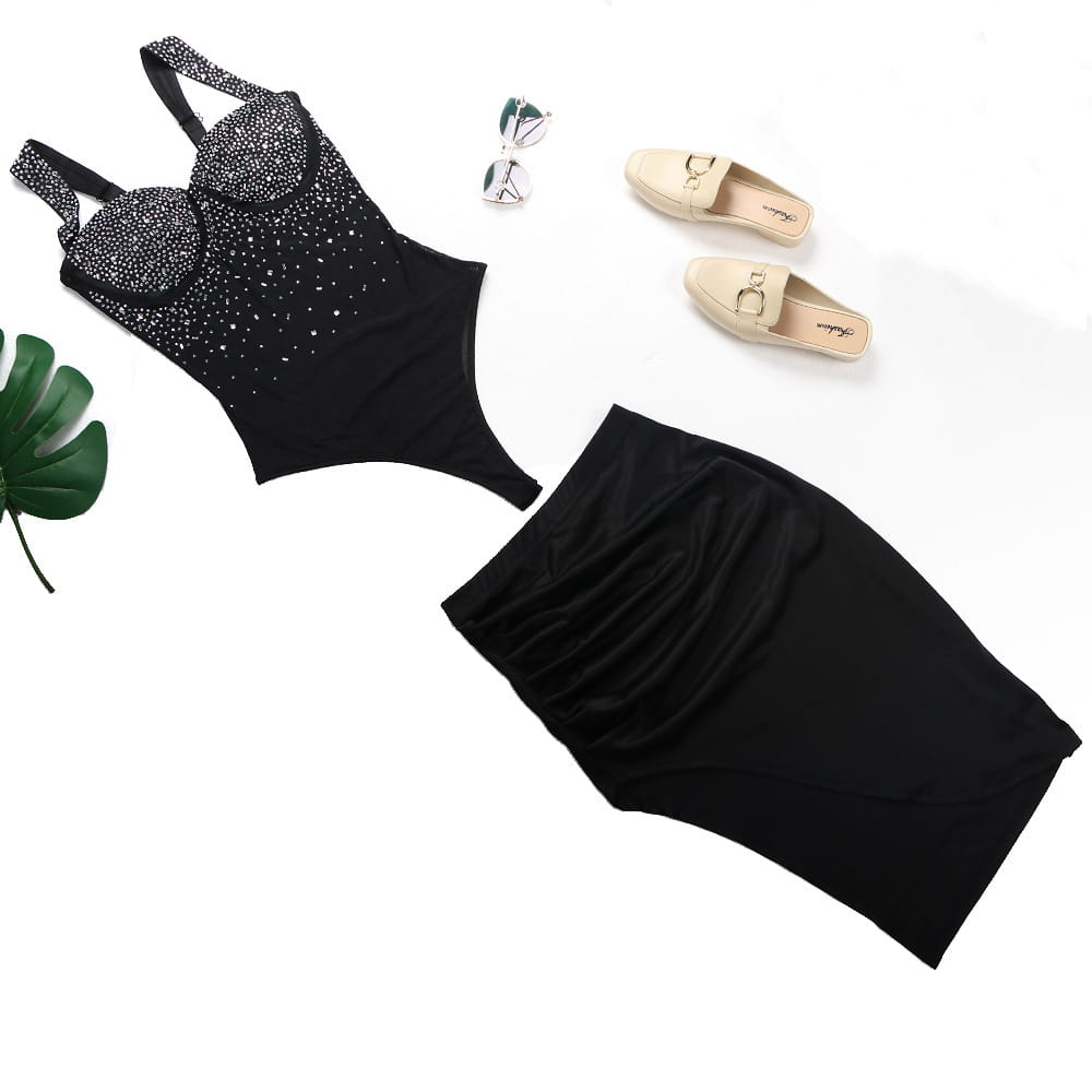 black rhinestone sling backless one-piece swimsuit with sparkling rhinestone embellishments on the bust and straps paired with a matching black velvet skirt set two colors
