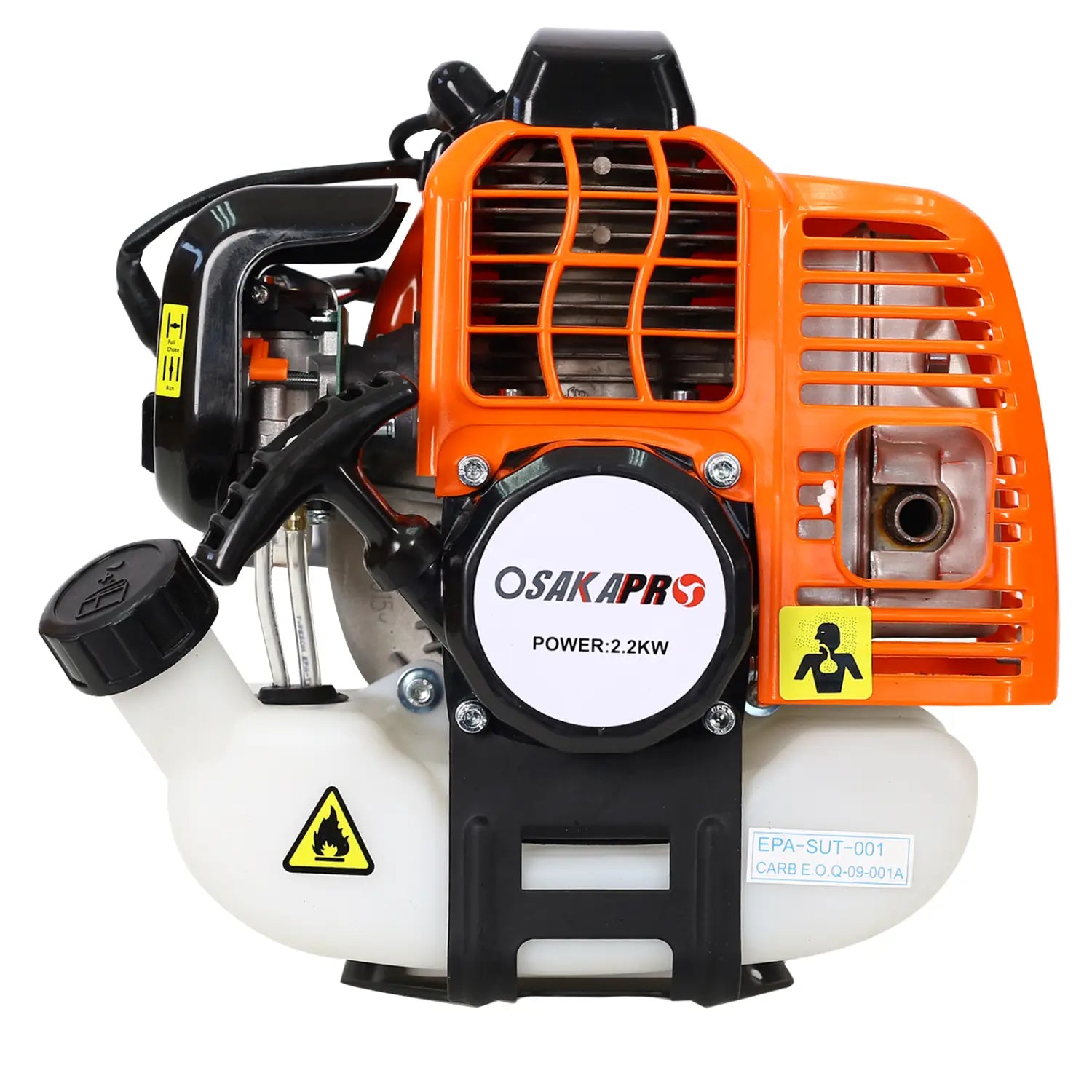 Orange and black Osakapro 2.2kw gasoline-powered hedge trimmer and brush cutter multi tool set with a white fuel tank, protective grilles, and safety labels designed for plastic pruning tools.