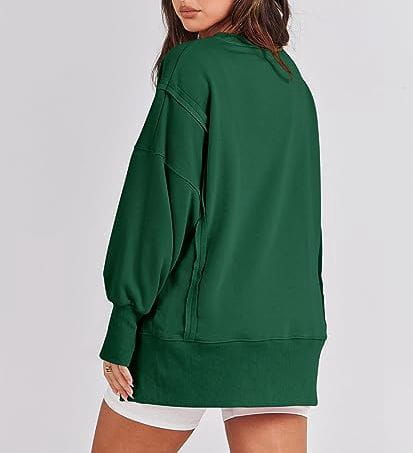 dark green solid oversized sweatshirt crew with long sleeves and a relaxed fit featuring side zippers