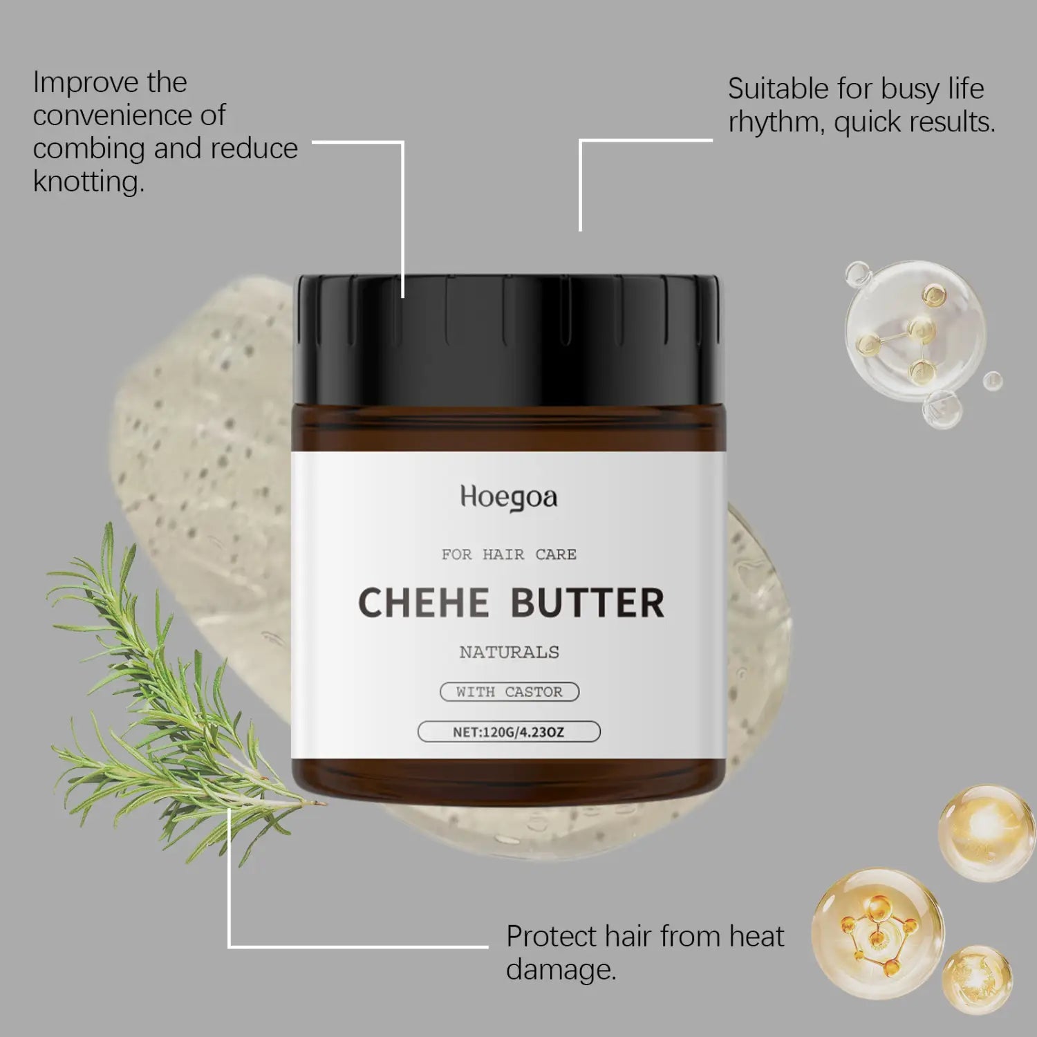 Hoegoa chehe castor oil hair care mask in a brown glass jar with a black lid labeled as a nourishing natural hair care treatment.
