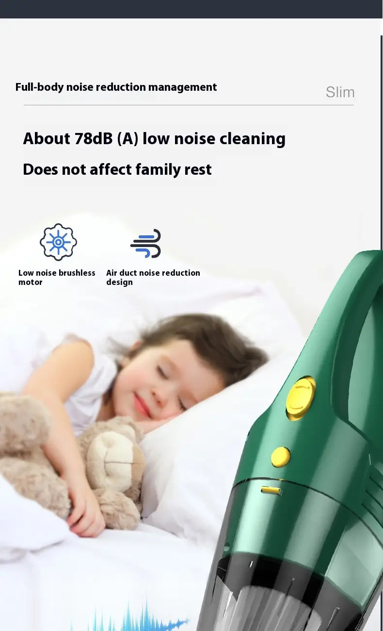 Green and yellow handheld small wireless car vacuum cleaner with slim design and hose for convenient household small wireless cleaning.
