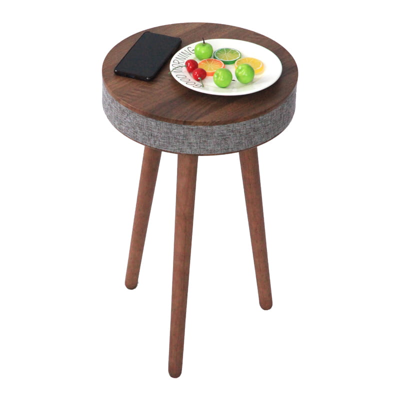 Log color smart side table made of round wood with a gray textured fabric band and three slender legs featuring wireless charging and smart voice capabilities.
