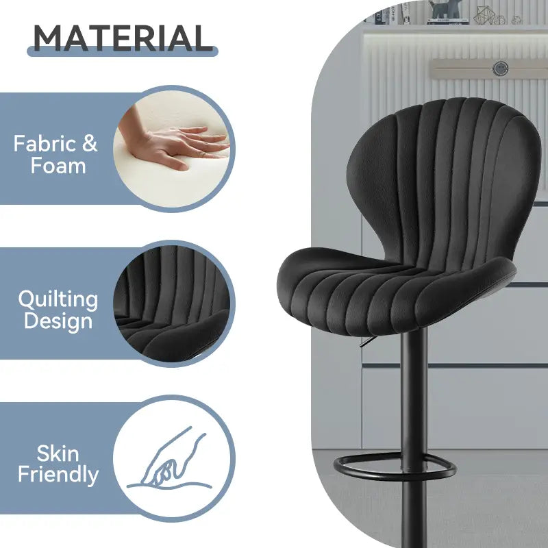 black upholstered bar stool with quilted ribbed design and fabric and foam construction offering ultimate comfort in luxury women’s fashion settings including plus size dresses bikinis displays refined elegance and comfort.