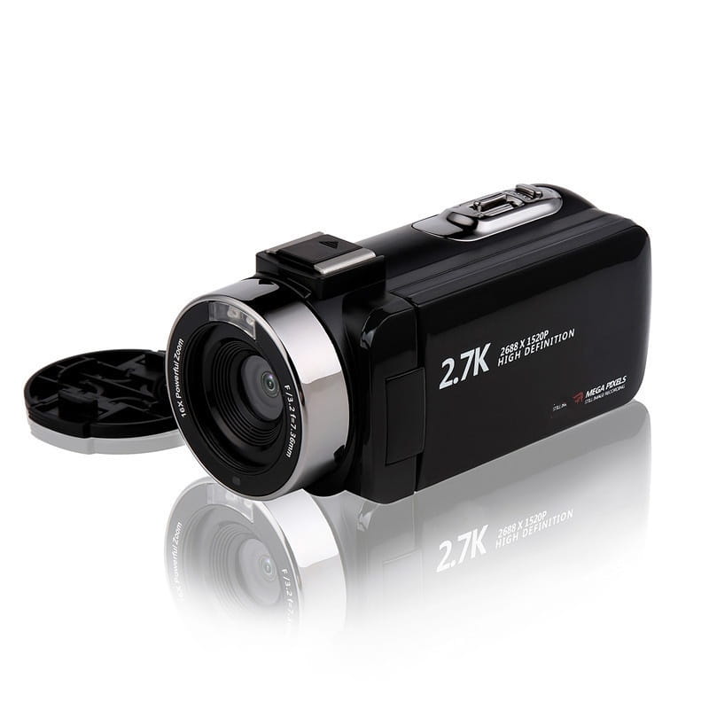 standard black english 2.7k hd digital camcorder dv06s in black with a silver lens ring and mega pixels branding featuring an open lens cap beside it