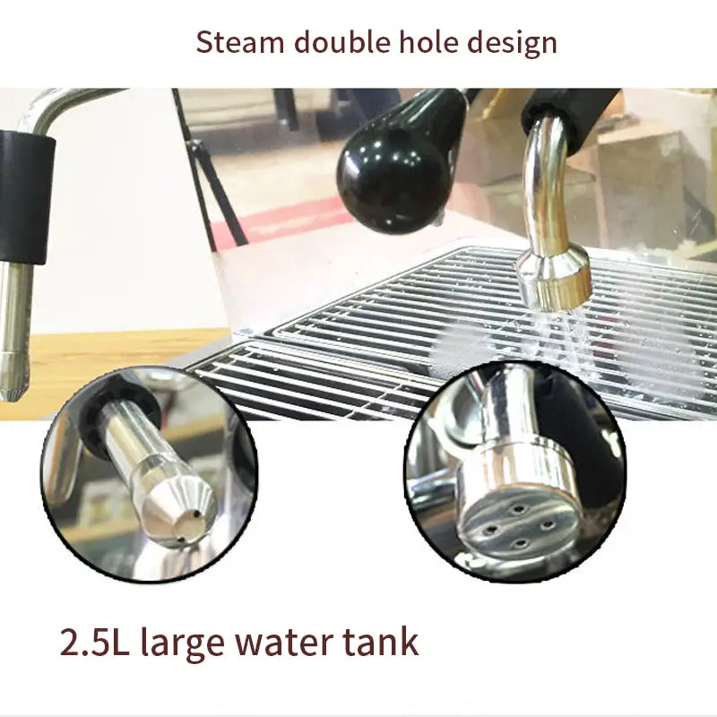 Stainless steel semi-automatic espresso machine steam wand with black ergonomic handle and double-hole design for precise frothing.