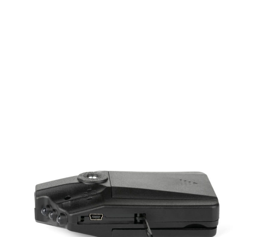 black plastic hd driving recorder with usb port and circular button on top designed for vehicle use with suction cup mount