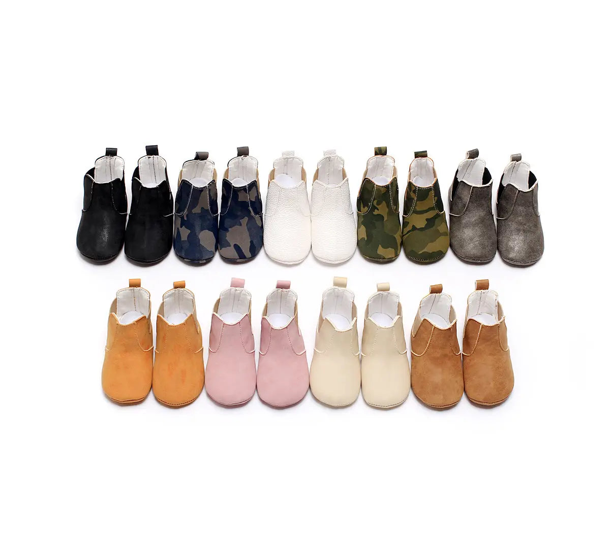 a collection of soft suede baby shoes baby xie toddler booties in various solid and camouflage colors