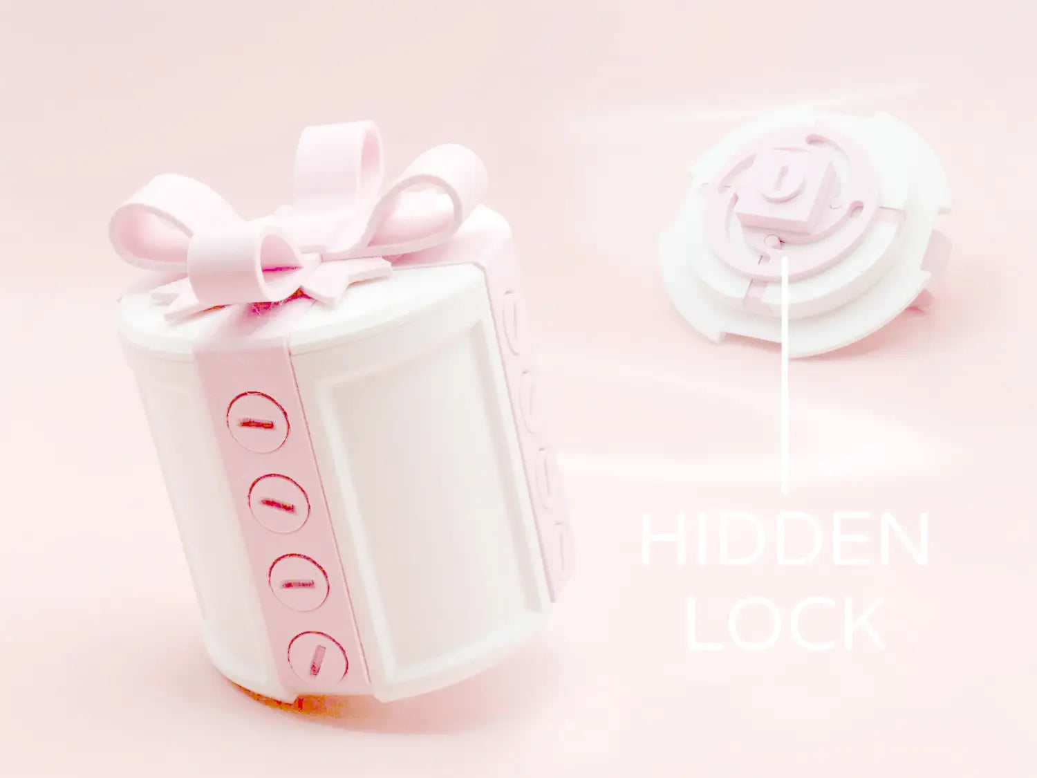 A white gift box shaped smartwatch with a pink ribbon bow and four circular buttons on its side designed as a creative bowknot pink and white Valentine day gift box.