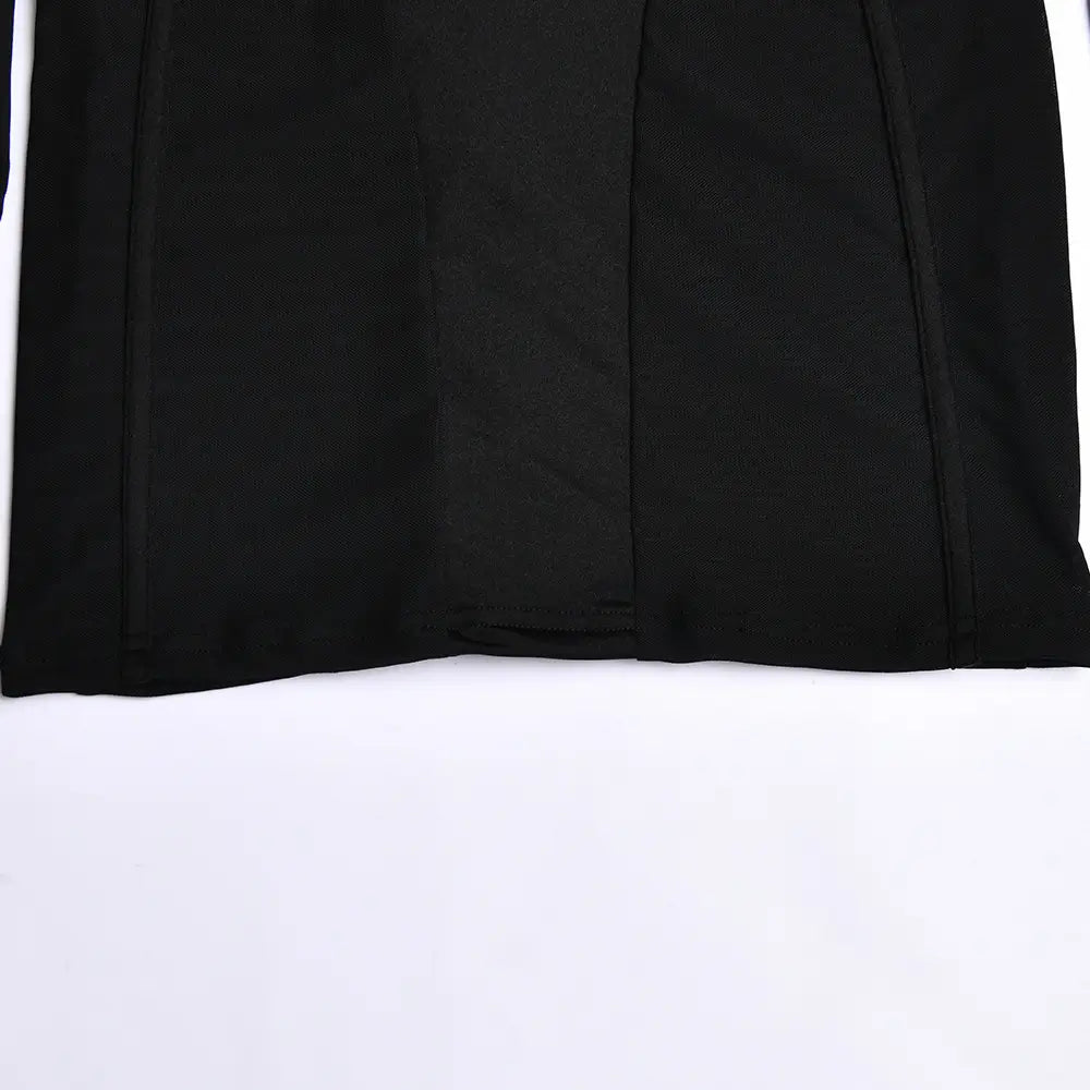 black skirt with smooth tailored fabric and subtle vertical seam detailing paired with red two piece sling tight dress mesh set showcasing tight dress fashion and dress fashion backless style.