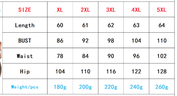 Size chart table for leopard print jumpsuit plus size women’s displaying measurements for xl to 5xl including length, bust, waist, hip, and weight per piece.