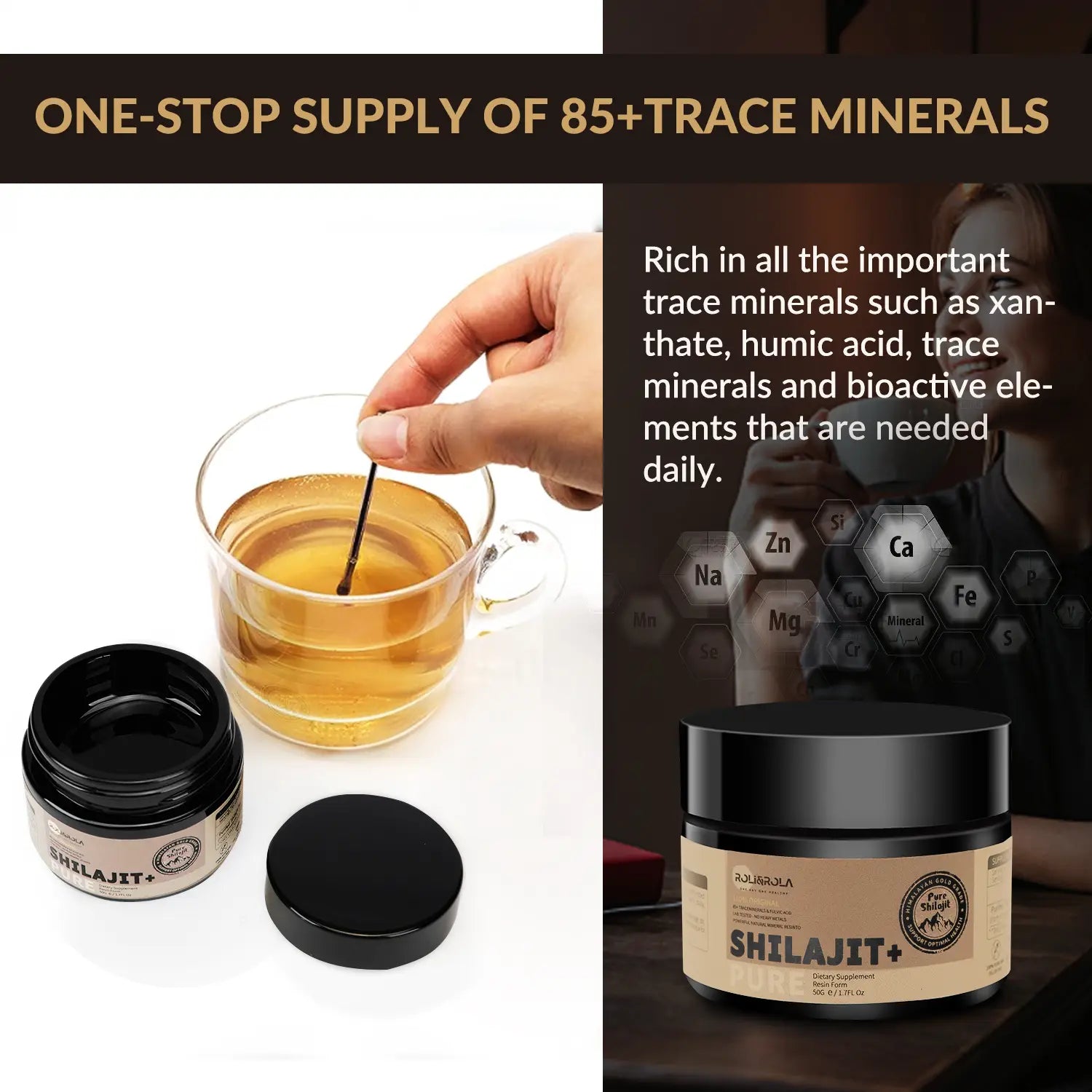 Black jar of shilajit resin 50g dietary supplement with beige label and black lid shown next to a glass mug containing amber liquid