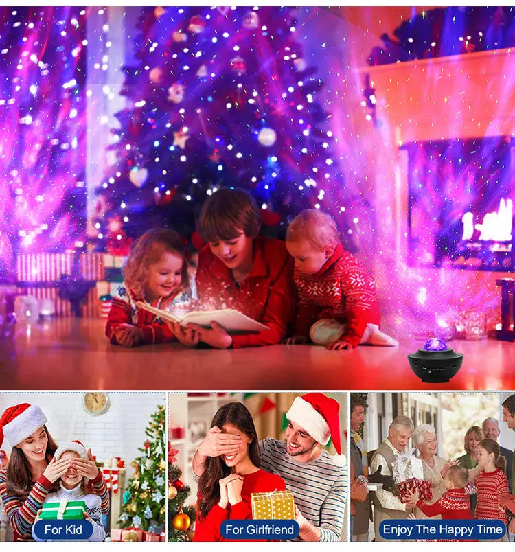 black spherical star projector night light with usb control music feature and purple and blue light effects for remote control use