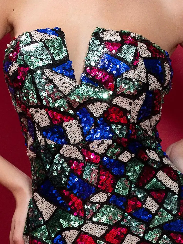 a women sexy v neck off shoulder evening gown decorated with a vibrant mosaic of multicolored blue green red and silver shoulder sequin embellishments