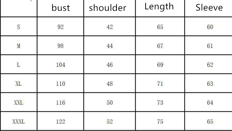 Size chart for navy blue lover winter clothes hoodie displaying bust shoulder length and sleeve measurements in centimeters for sizes s through xxxl featuring main fabric for women lovers.
