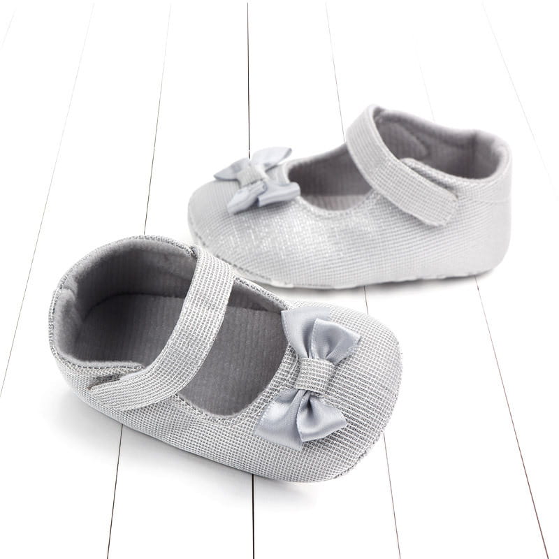 silver glittery mesh princess shoes bow for babies featuring matching satin bows and velcro straps as shoes bow baby