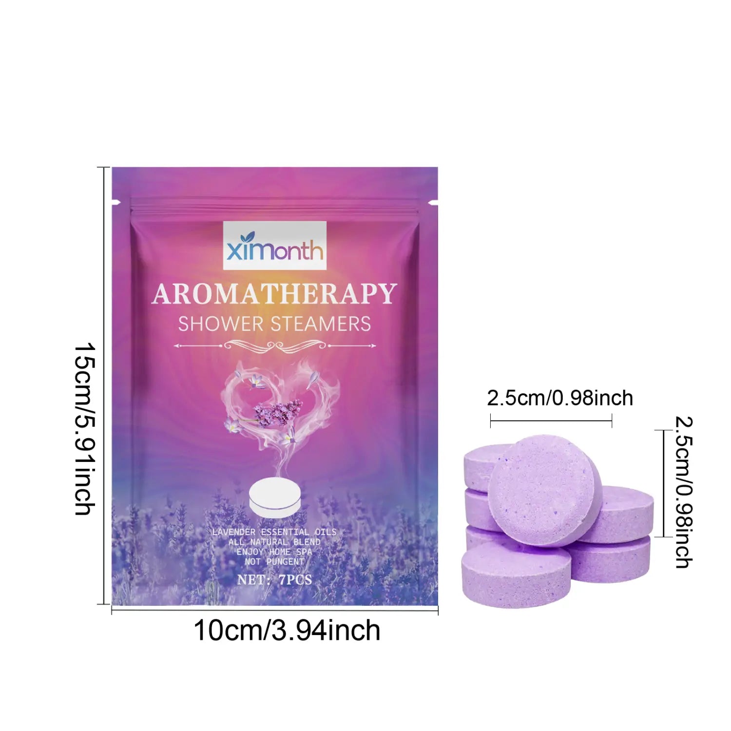 Lavender aromatherapy shower tablets in purple scent are presented in a resealable pouch designed for body cleansing and moisturizing skincare.