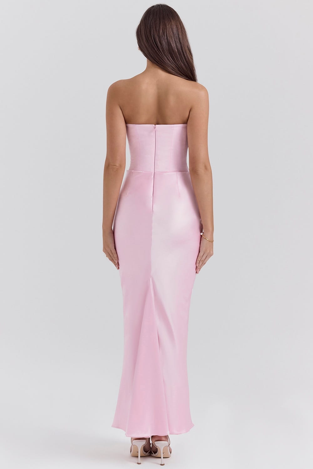 a strapless pink satin long dress sexy fashion bandeau mermaid gown with a fitted bodice and a subtle slit at the back