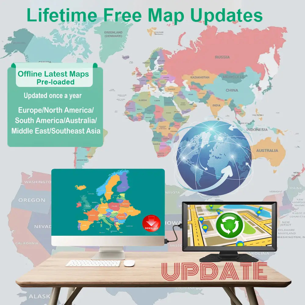 Teal 9-inch navigator car portable monitor displaying a colorful map of Europe with a red download button in a portable truck large screen navigation device.
