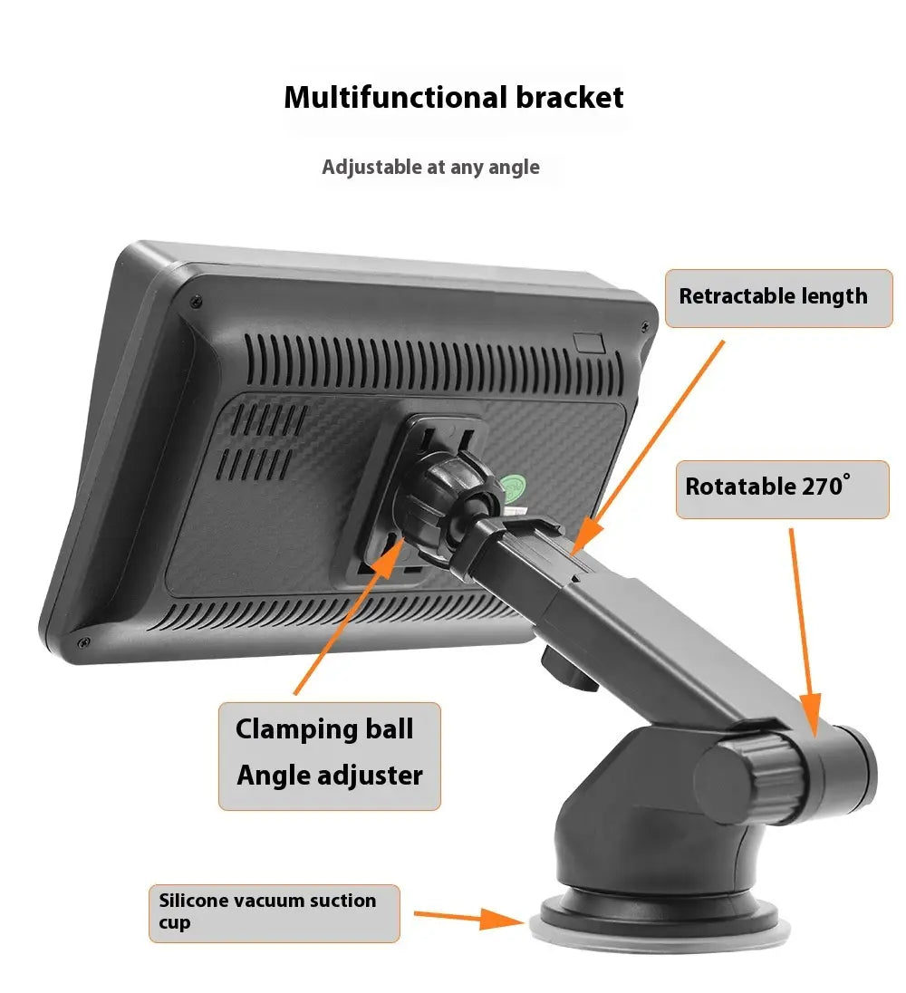 Black multifunctional bracket with adjustable angle, retractable length, and 270-degree rotation for secure mounting of a 7 inch portable car player hd large screen display in a vehicle.