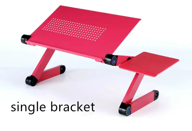 Red adjustable folding ergonomic laptop table stand with perforated surface and black caster wheels suitable for use with a mouse pad