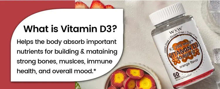 a clear plastic bottle with a white cap labeled w.x.w containing 60 count vitamin d3 k2 supplementing granules soft candy