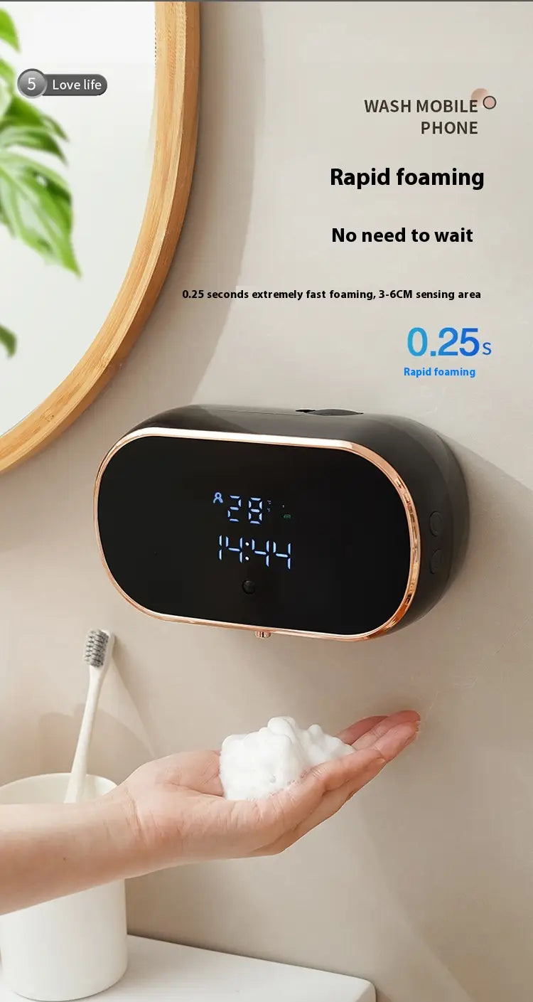 Black rose gold automatic intelligent foam soap dispenser with digital display showing temperature and time for bathroom automatic intelligent use.