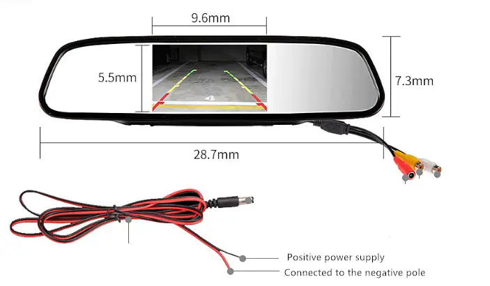 Black framed 4.3 inch led rear view mirror with integrated reversing camera displaying parking aid view and connected by red and black wiring.
