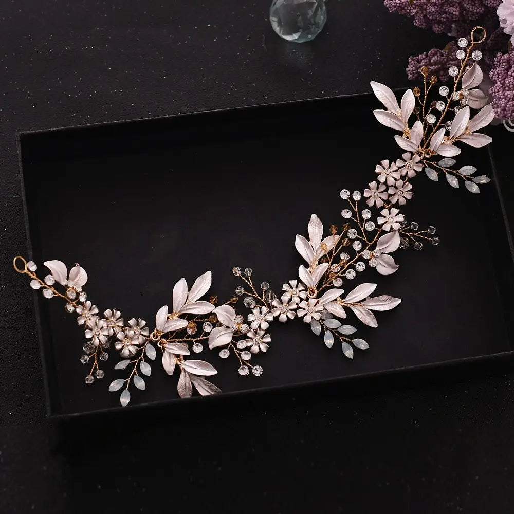 A delicate rose gold and white floral vine hair accessory adorned with clear alloy crystals japan, ideal for korea hair accessories collections.