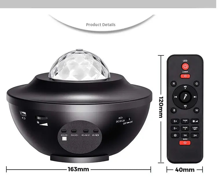 black star projector night light with a faceted crystal dome top, multiple usb ports for usb control music functions, and a remote control.
