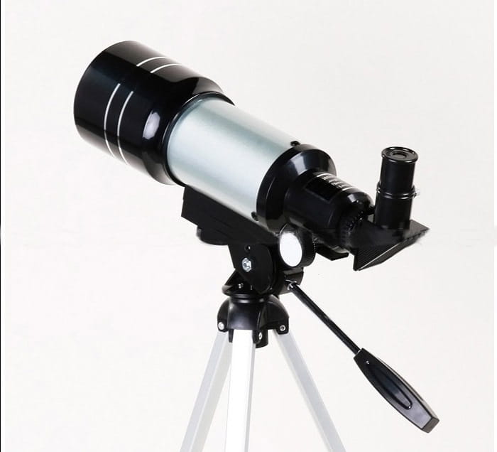 Black and silver high list tube telescope with tripod mount and adjustable legs designed for maximum magnification and stability.
