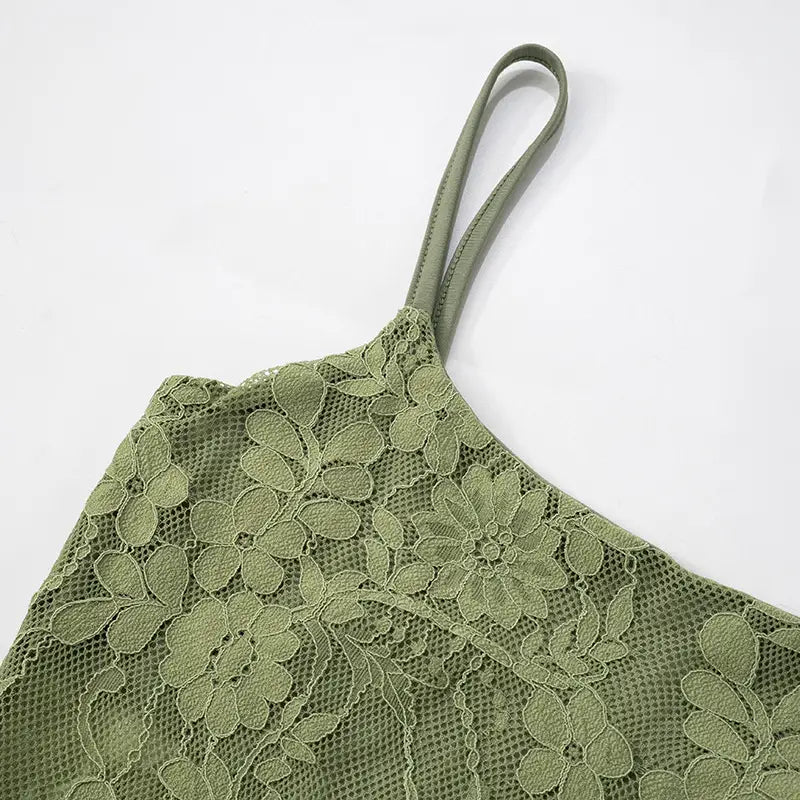 olive green floral lace camisole with thin straps featuring lace backless tube design and sling stitching ruffle at the hip.