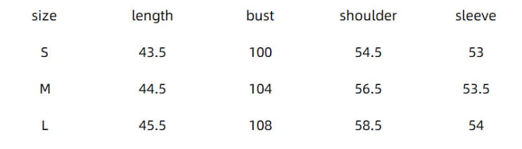 Size chart for knitted heart printing ribbed loungewear set womens dress showing measurements in centimeters across sizes s m and l.