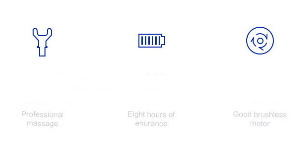 blue line icon of an ergonomic white and black massage stick hammer featuring a professional massage head with eight hours of endurance and a good brushless motor