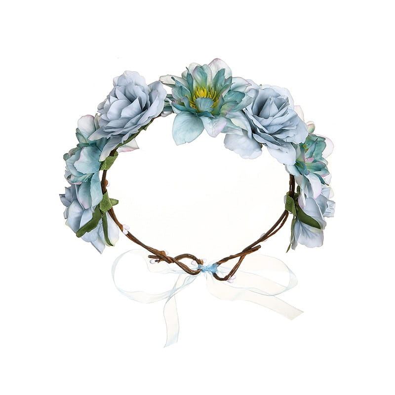 A delicate light blue fabric colorful rose flower garland hair accessory featuring artificial fabric colorful roses and leaves on a woven brown vine base with a matching sheer ribbon bow.