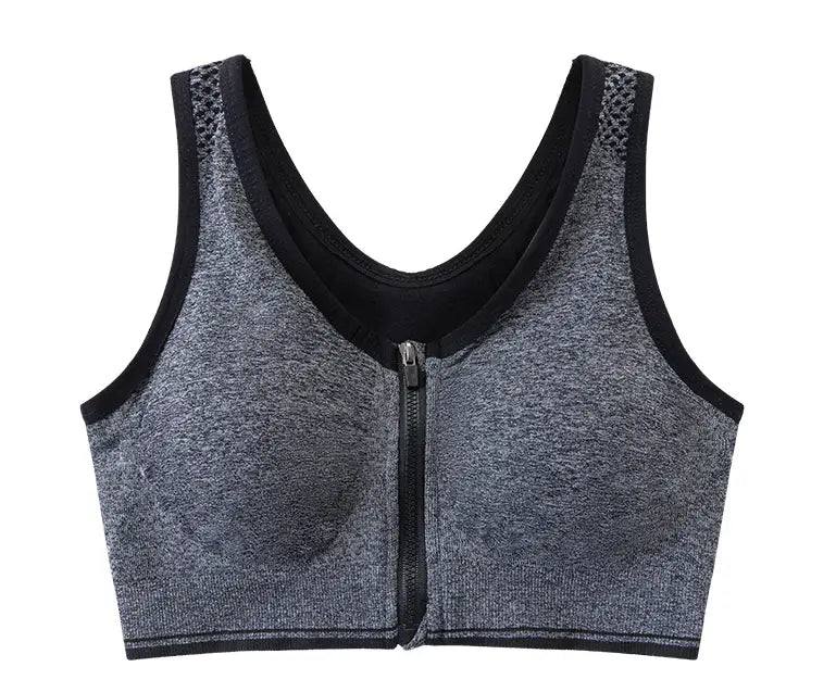 gray textured front zipper sports bra featuring a gray heathered fabric with black trim and a front zipper for secure support during workouts.